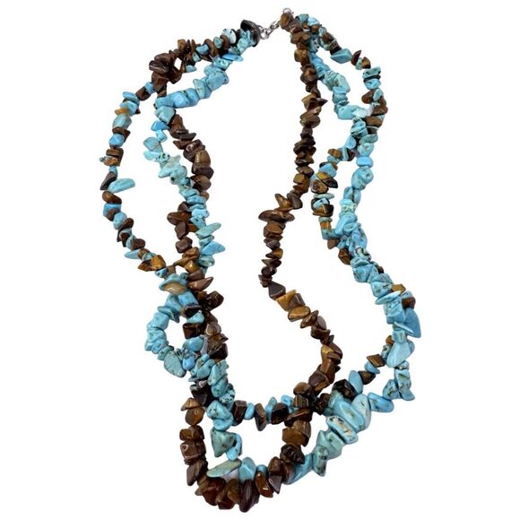 VTG Blue Turquoise Tiger Eye Layering Necklace 18" Bohemian Southwestern Boho - Picture 1 of 9